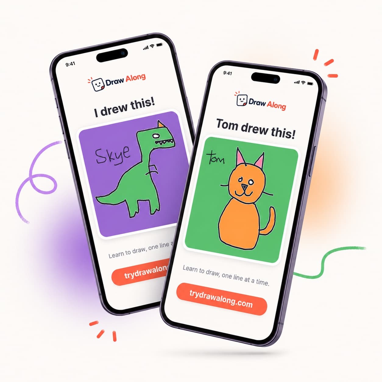 Two phones showing shared DrawAlong artwork: a green T-Rex signed Skye and an orange cat signed Tom