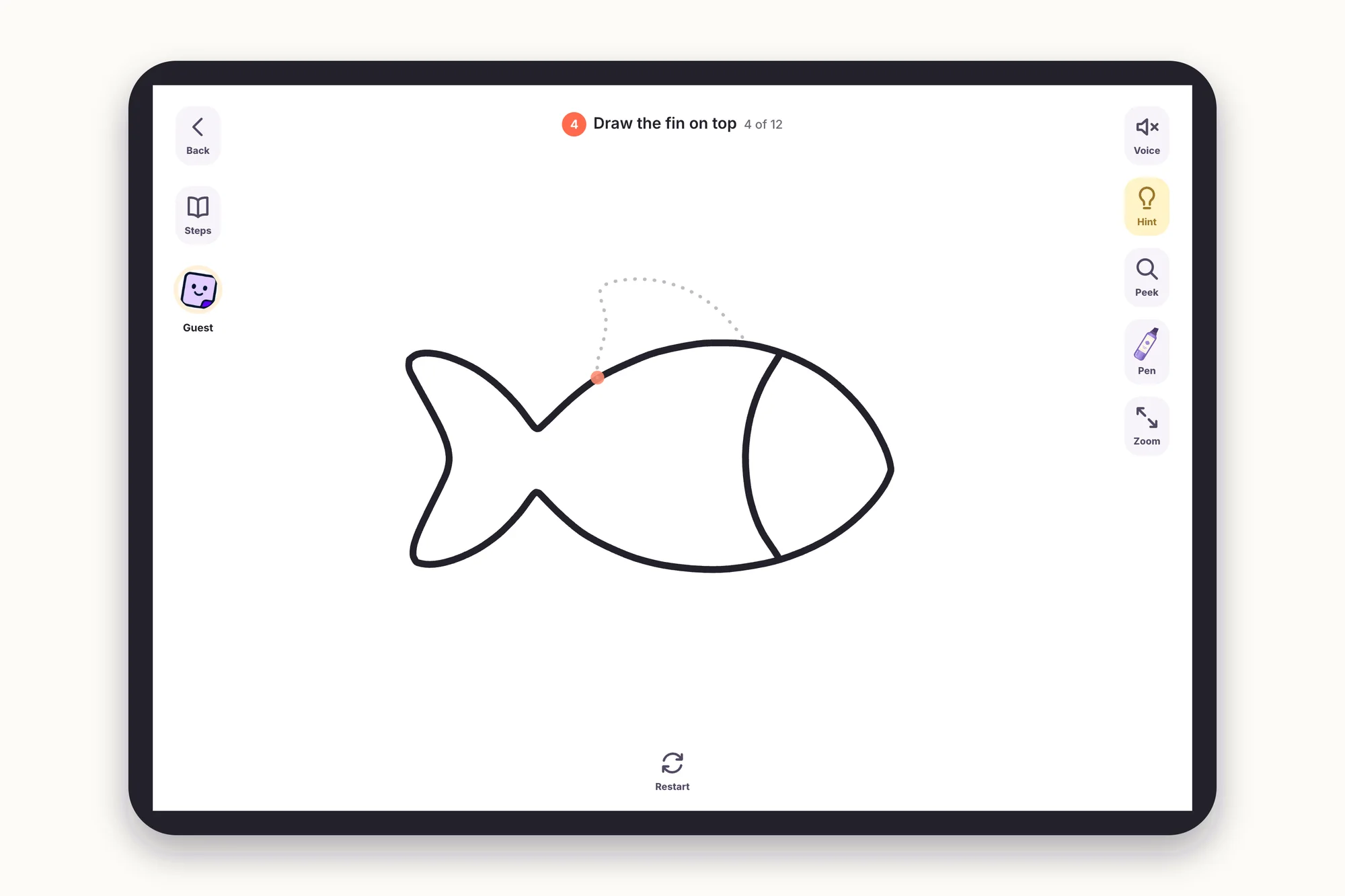 The DrawAlong fish lesson on an iPad: three lines drawn, and step 4 of 12, Draw the fin on top, shown as a dotted guide